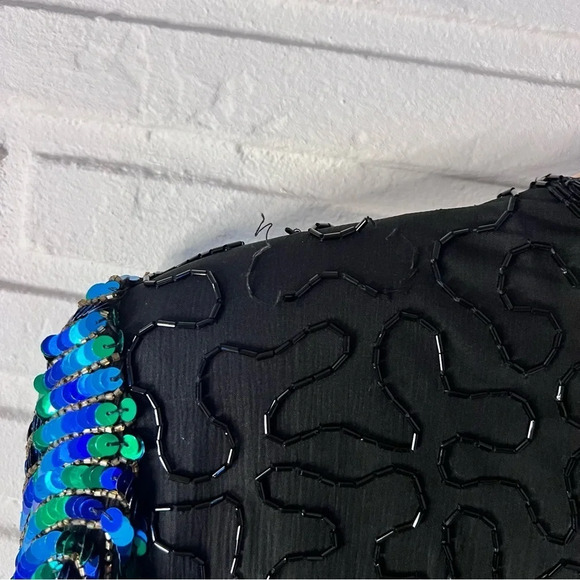 Royal Feelings Vintage Silk Black Sequins Beaded Short Sleeve Cocktail Blouse - Picture 4 of 7